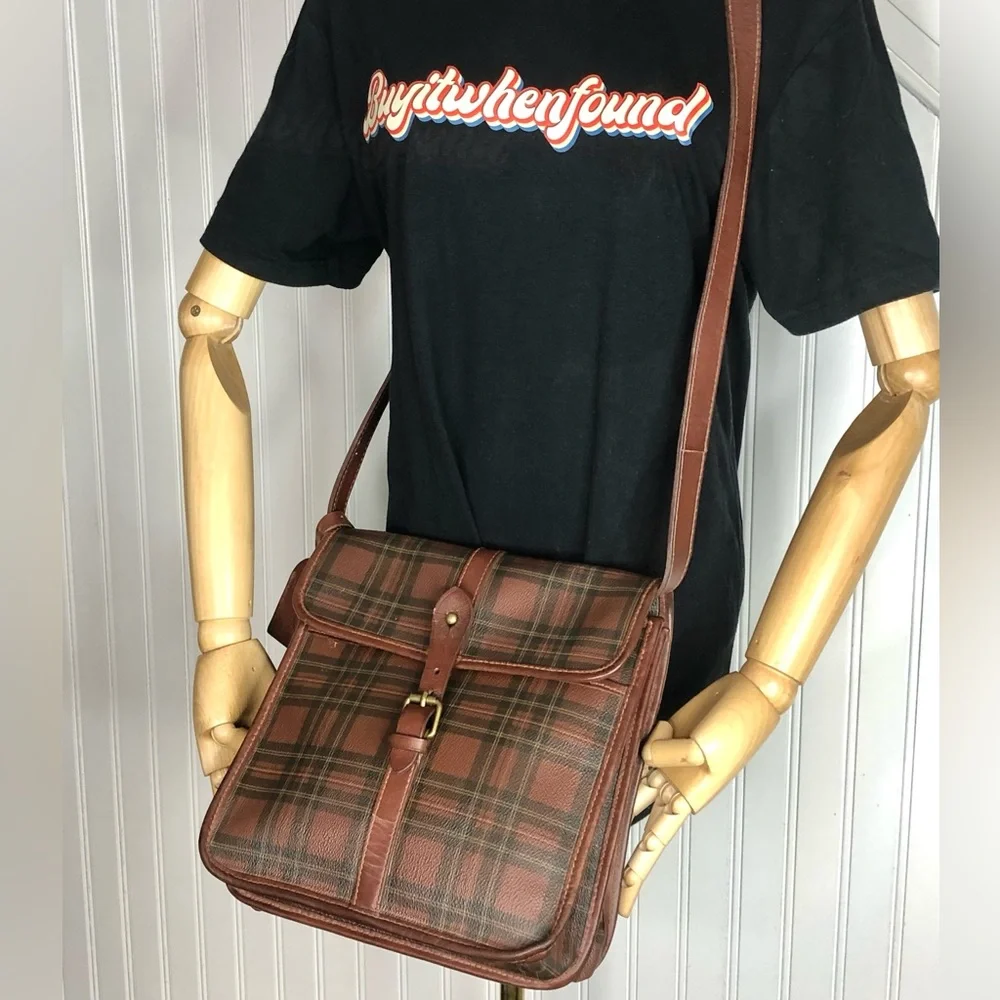 RALPH LAUREN Tartan Plaid Large Leather Crossbody Messenger Shoulder Bag